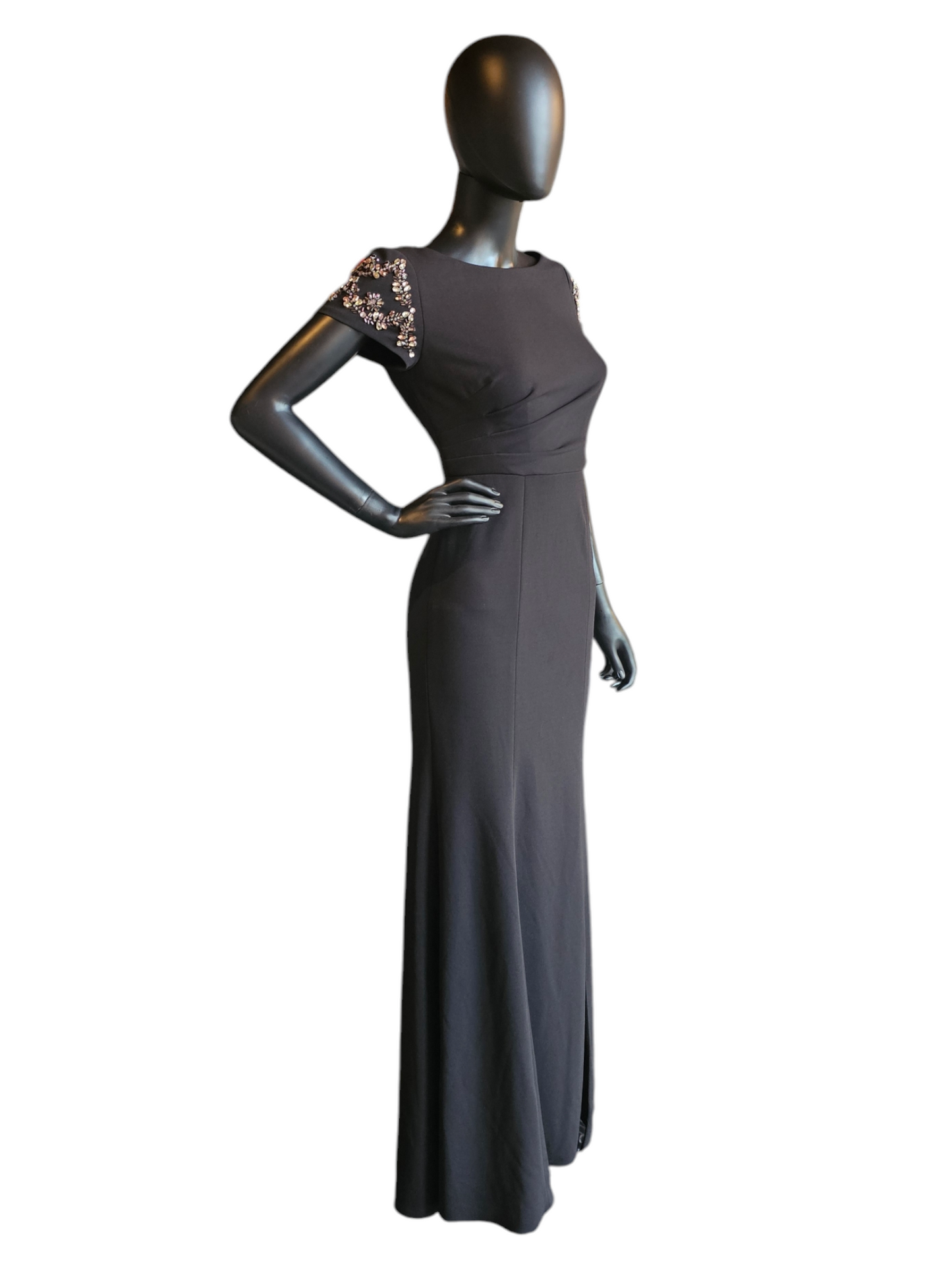 Stretch Crepe Black Fitted Sheath Jewel Cap Sleeve Formal Gown - Adrianna Papell