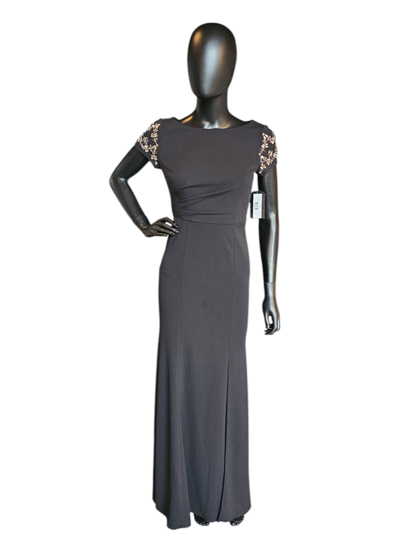 Stretch Crepe Black Fitted Sheath Jewel Cap Sleeve Formal Gown - Adrianna Papell