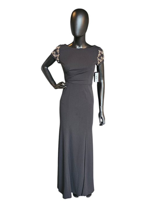 Stretch Crepe Black Fitted Sheath Jewel Cap Sleeve Formal Gown - Adrianna Papell