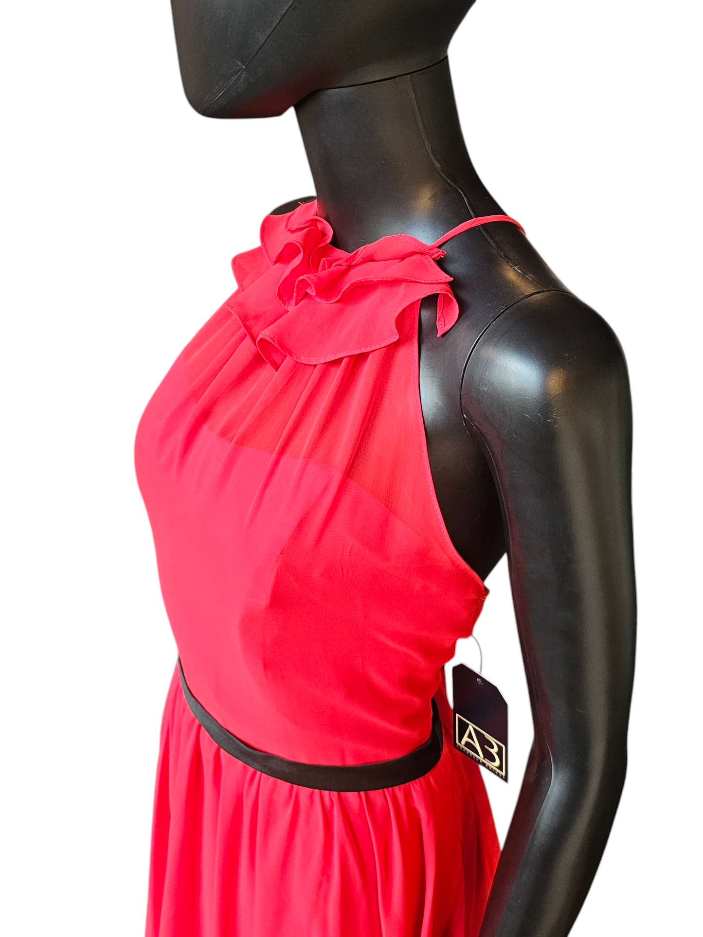 Red/Black Chiffon Gathered Halter Formal Gown With Train - Alfred Angelo