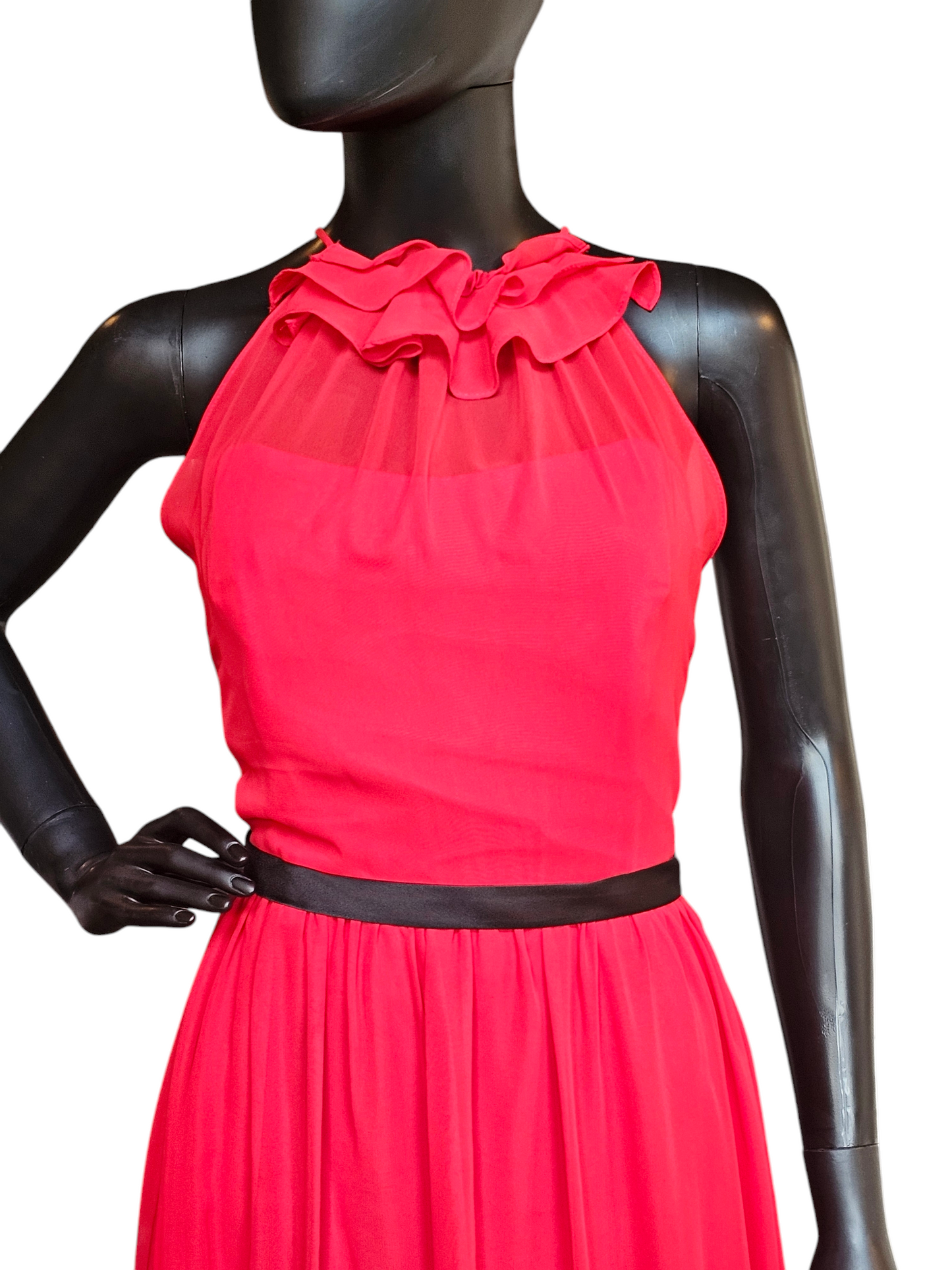 Red/Black Chiffon Gathered Halter Formal Gown With Train - Alfred Angelo