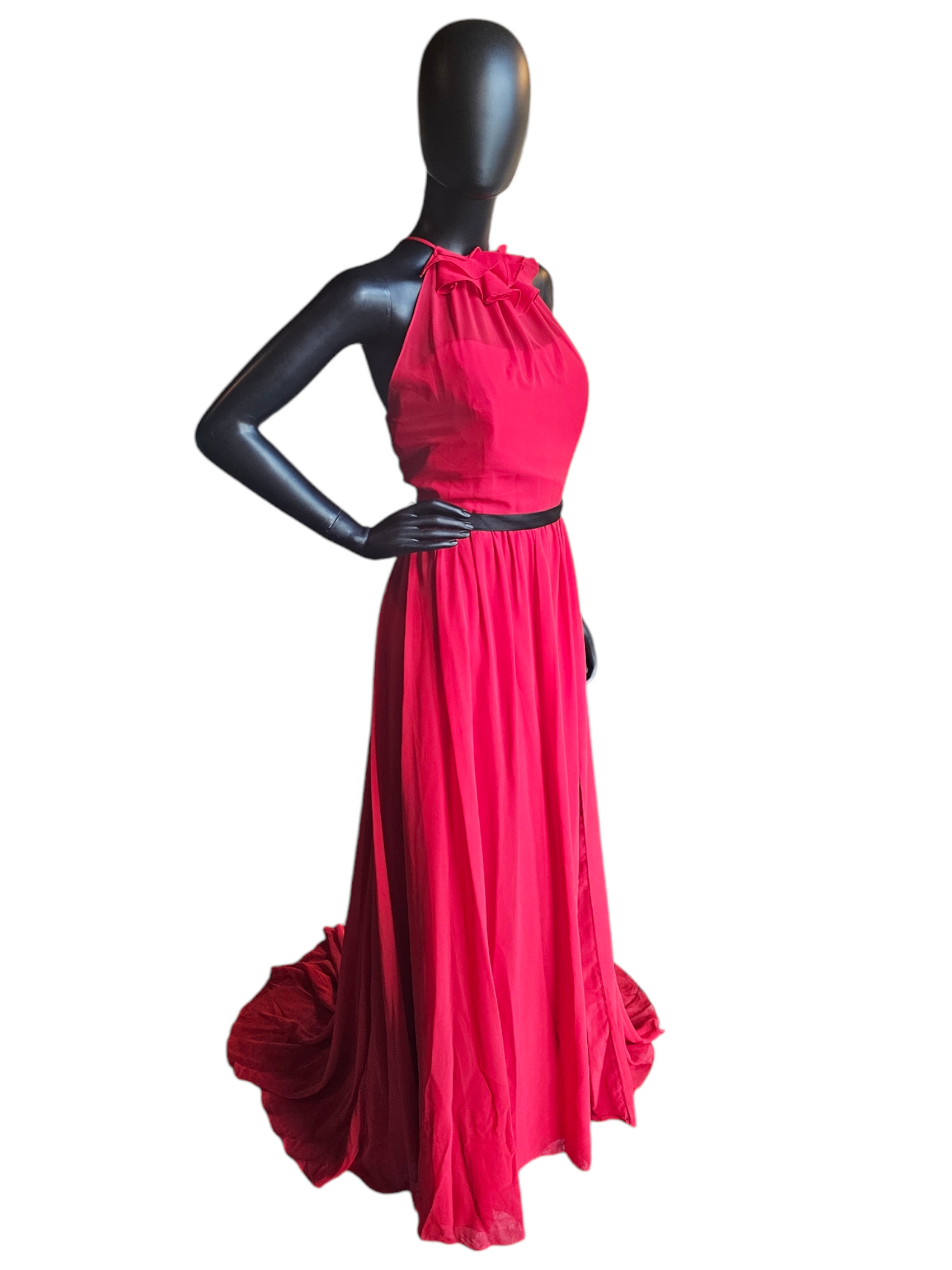Red/Black Chiffon Gathered Halter Formal Gown With Train - Alfred Angelo