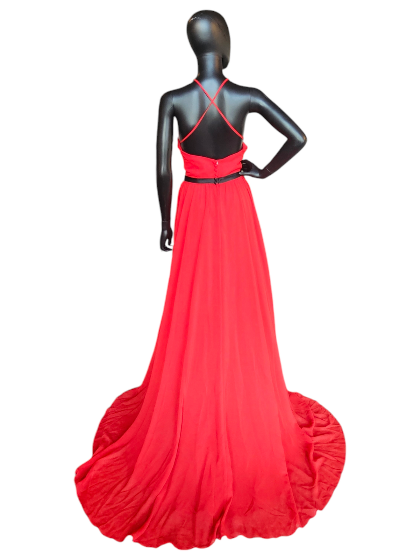 Red/Black Chiffon Gathered Halter Formal Gown With Train - Alfred Angelo