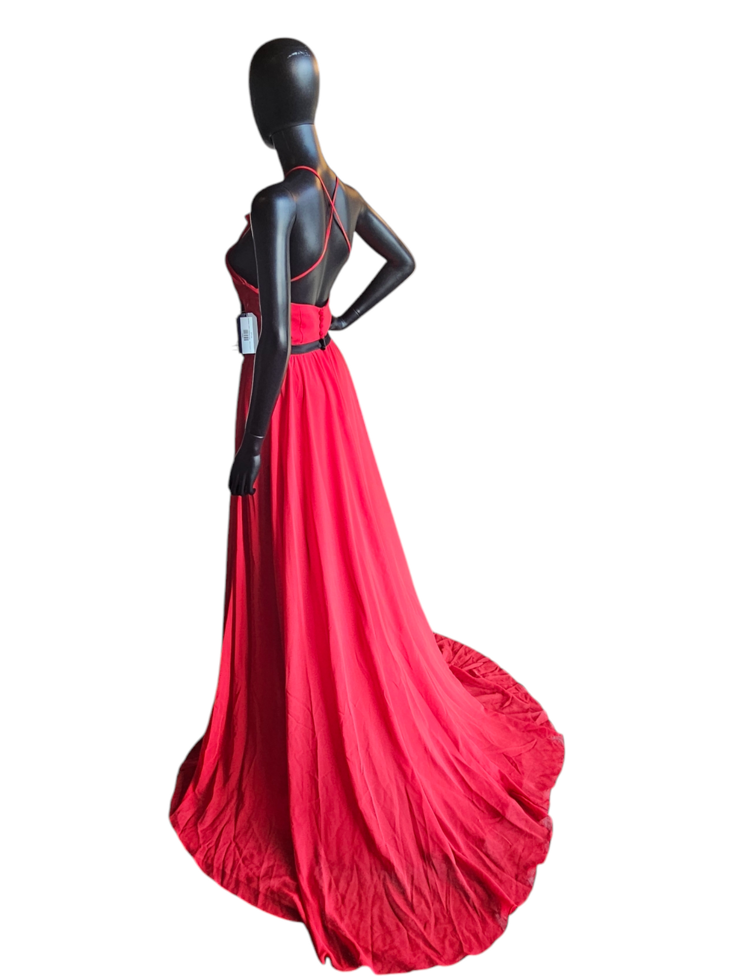 Red/Black Chiffon Gathered Halter Formal Gown With Train - Alfred Angelo