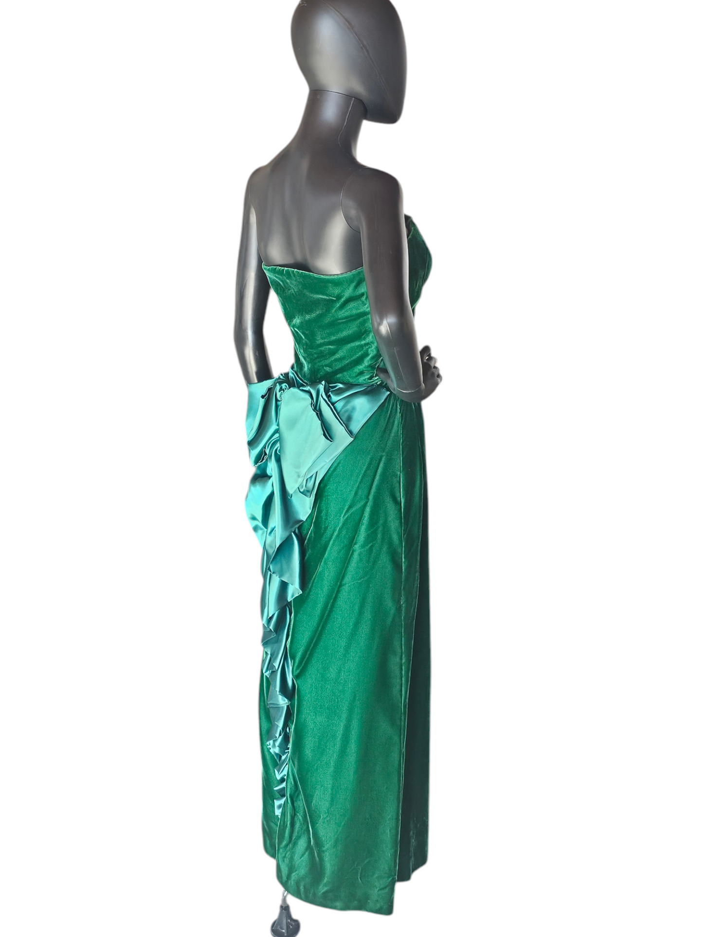 Vintage Green Velvet Strapless Satin Back Detail Party Dress