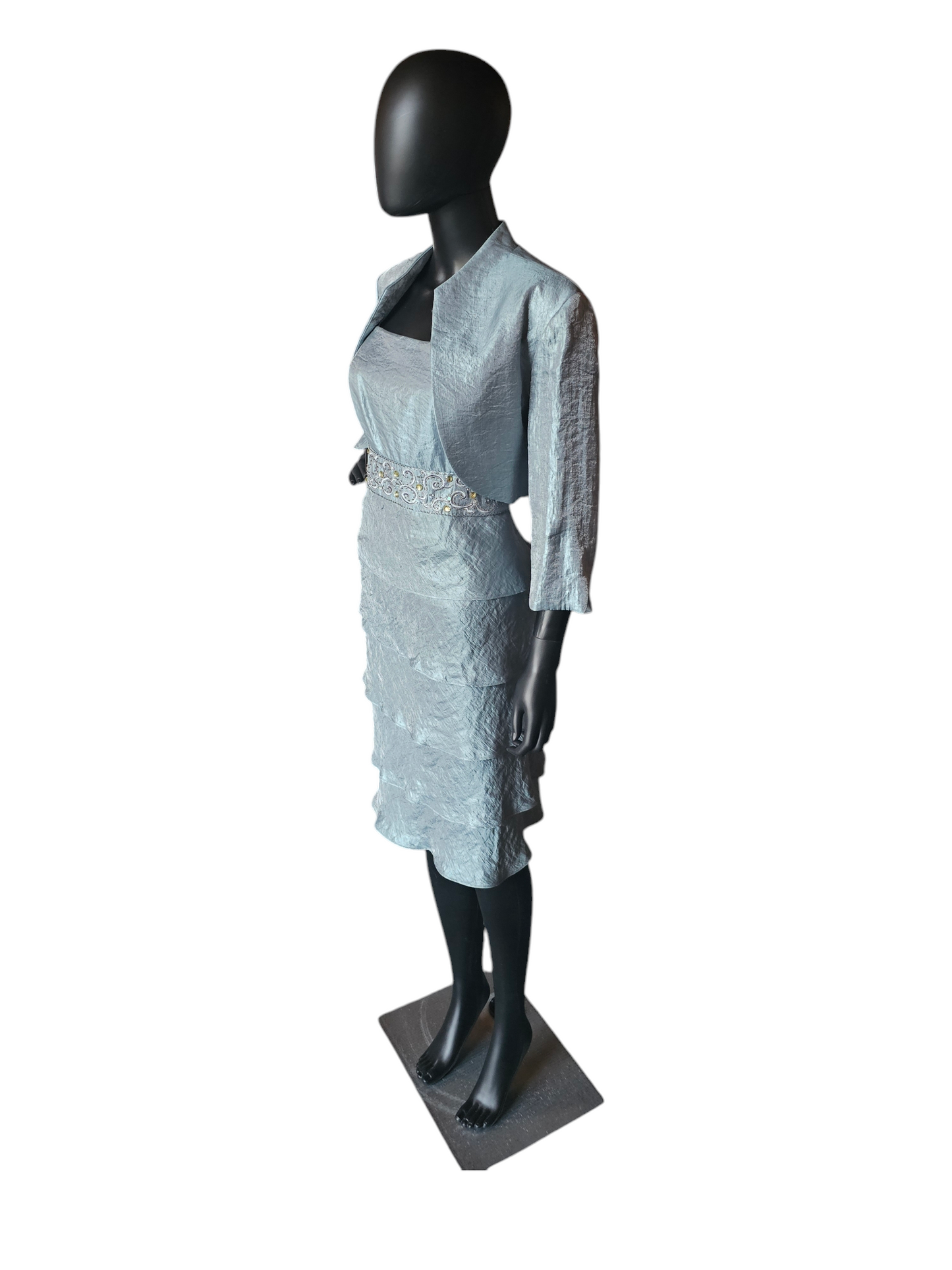 Metallic Seafoam Blue Tiered Cocktail Dress W/Jacket - R & M Richards
