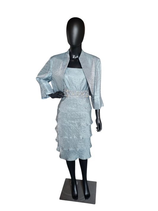 Metallic Seafoam Blue Tiered Cocktail Dress W/Jacket - R & M Richards