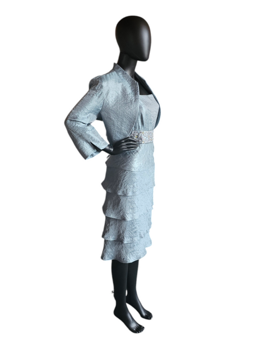 Metallic Seafoam Blue Tiered Cocktail Dress W/Jacket - R & M Richards