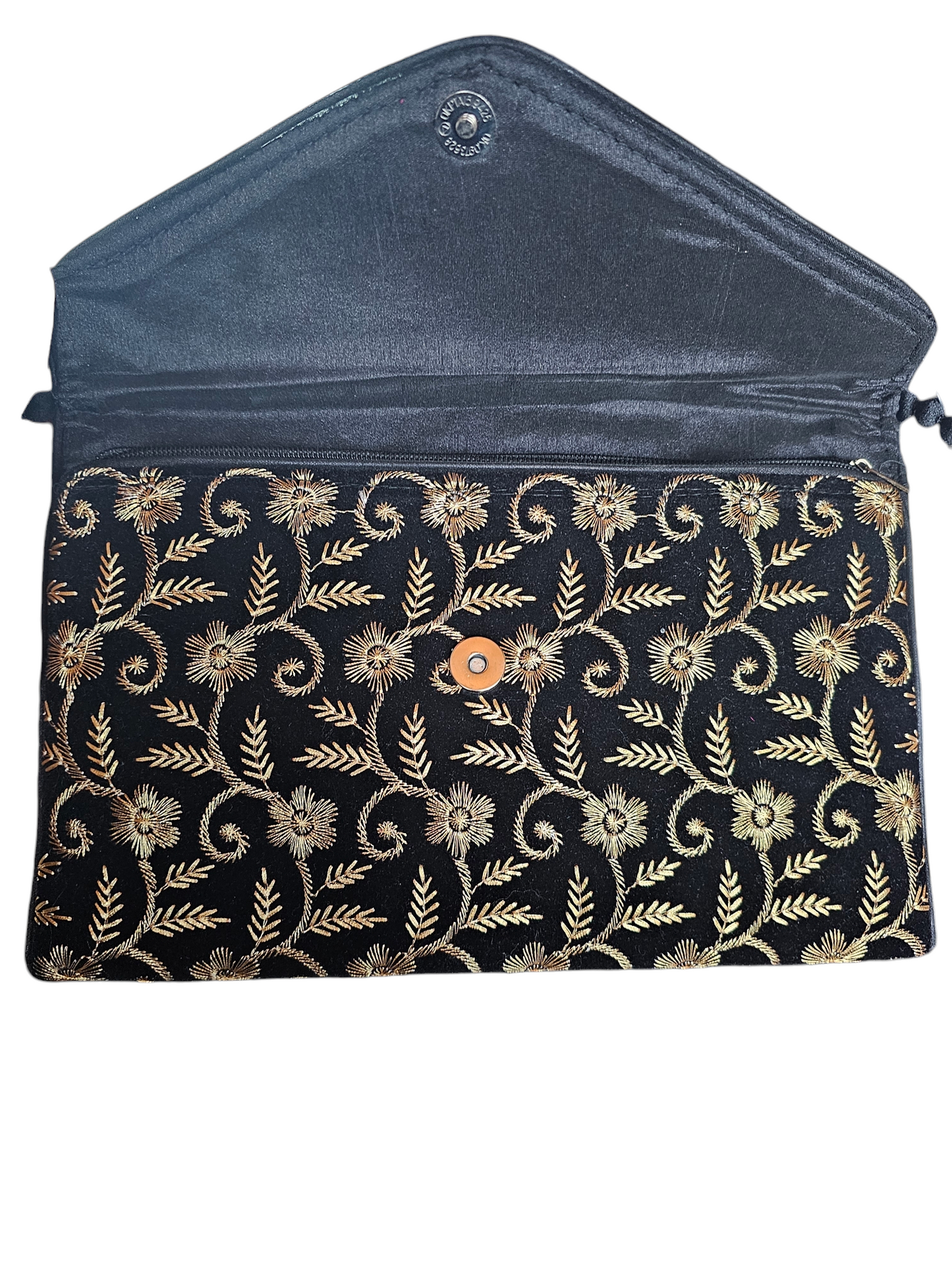Black/Gold Embroidered Floral Envelope Clutch