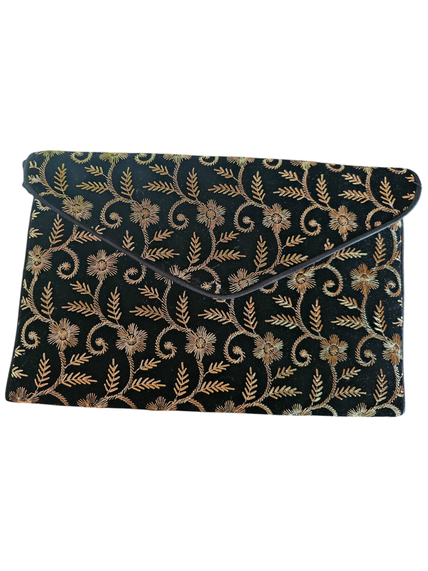 Black/Gold Embroidered Floral Envelope Clutch