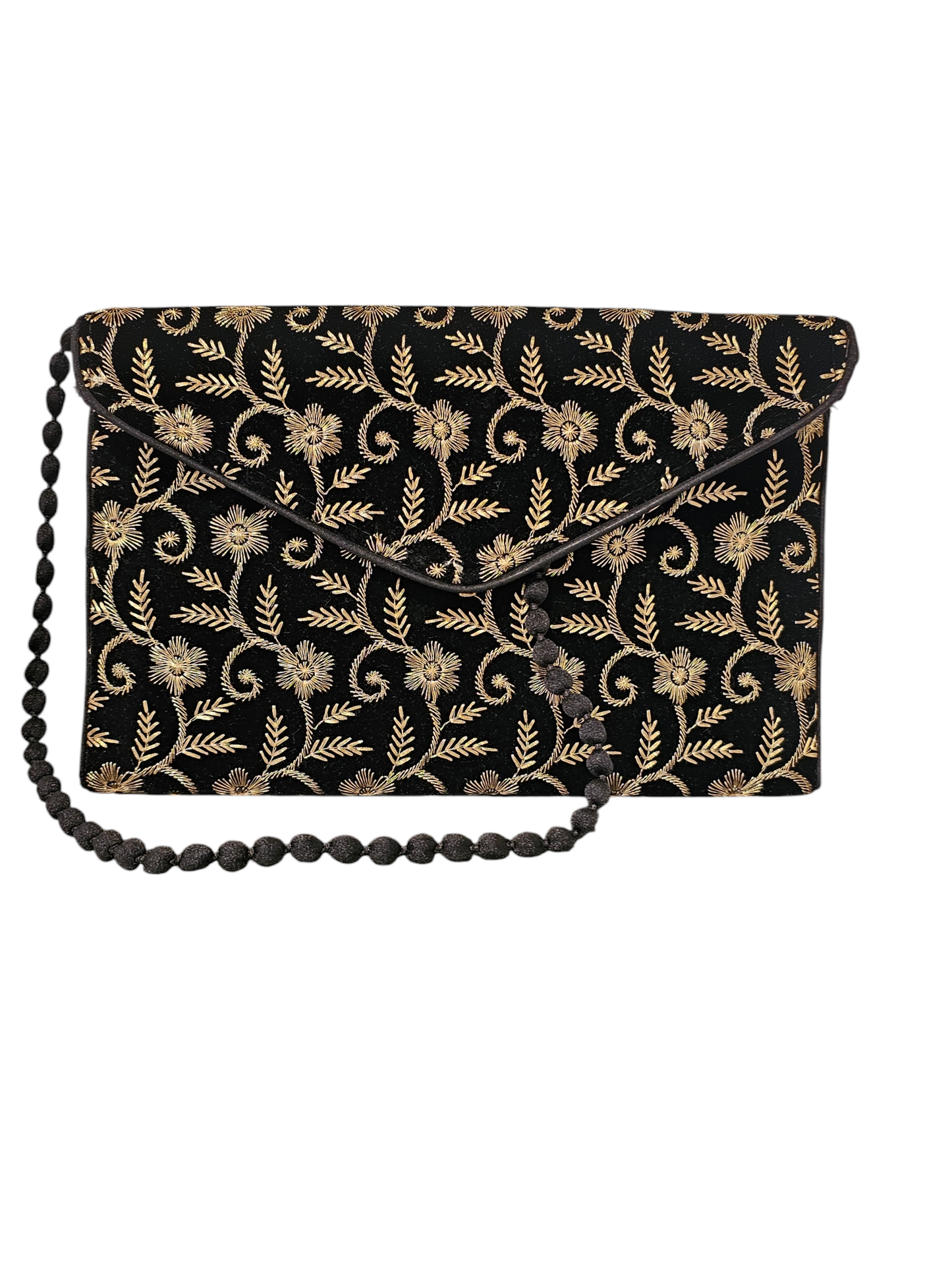 Black/Gold Embroidered Floral Envelope Clutch