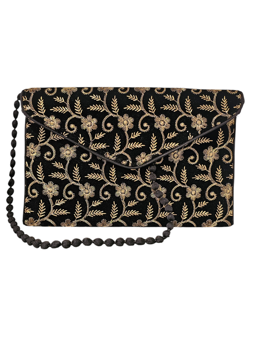 Black/Gold Embroidered Floral Envelope Clutch