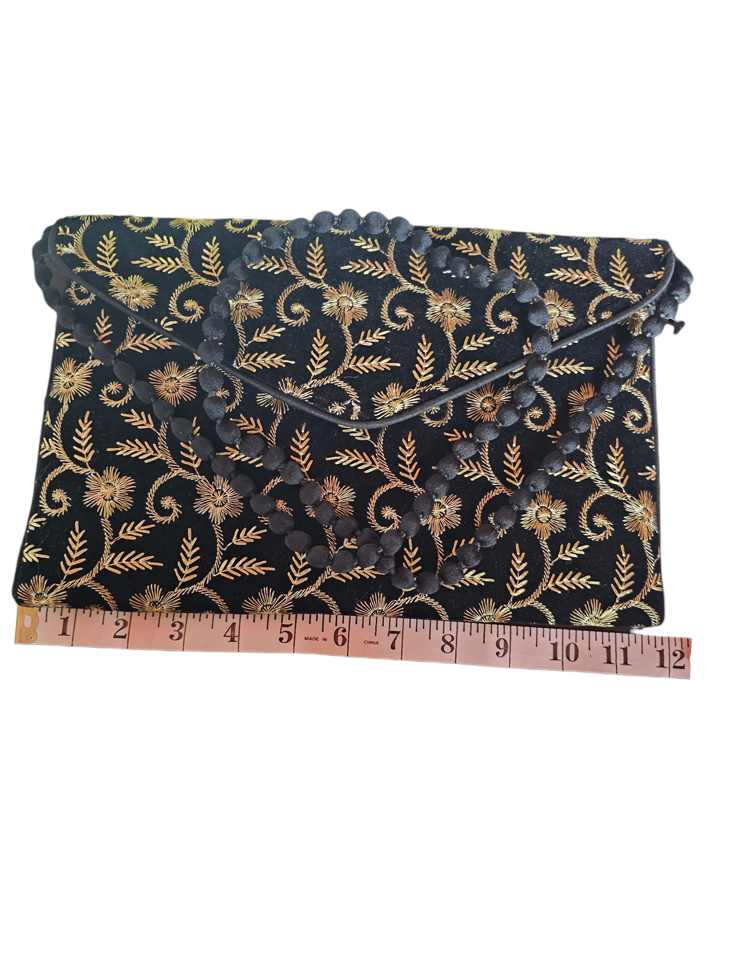 Black/Gold Embroidered Floral Envelope Clutch