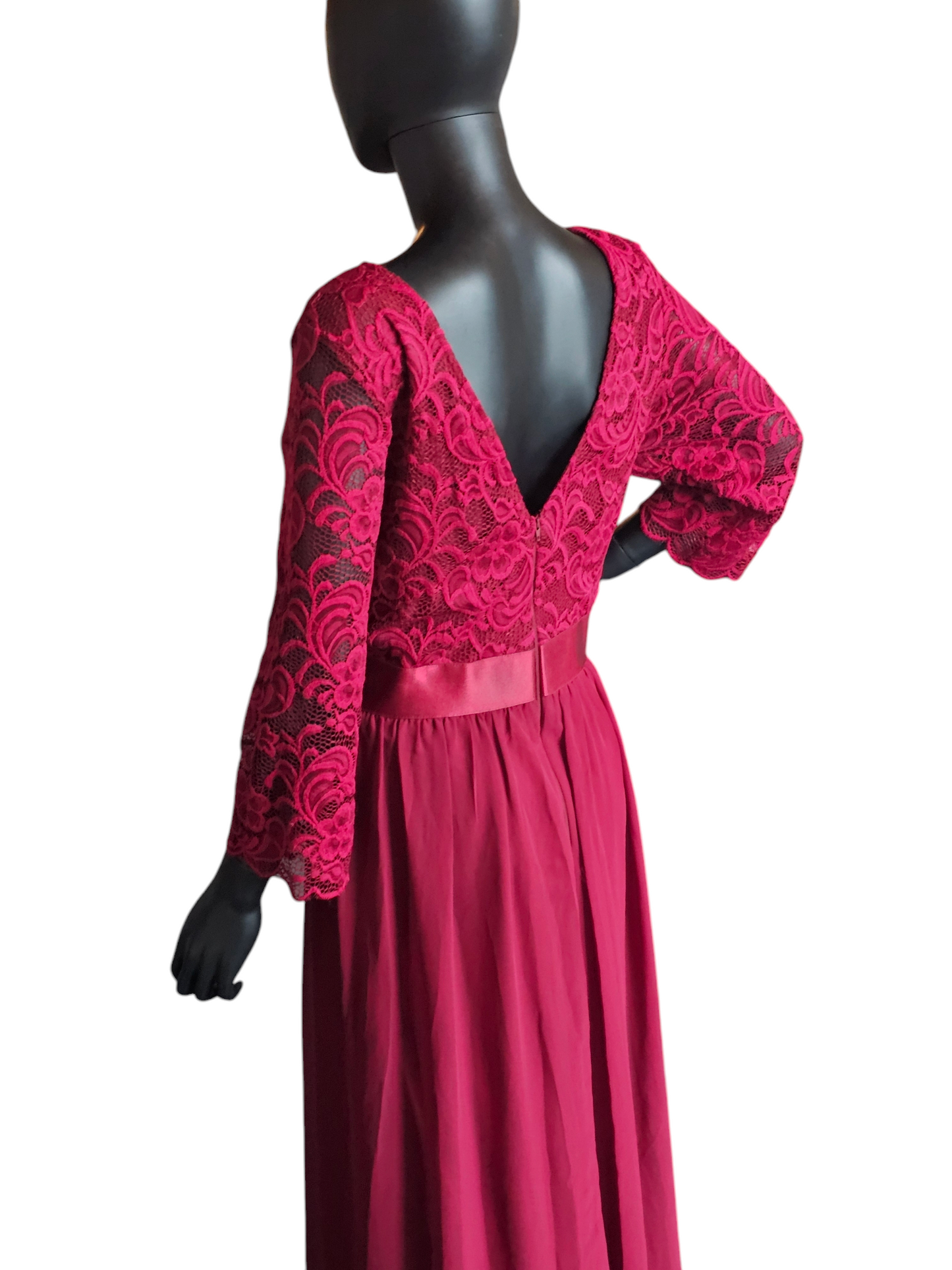 Red Illusion Lace Top Chiffon Maxi Dress - Ever Pretty