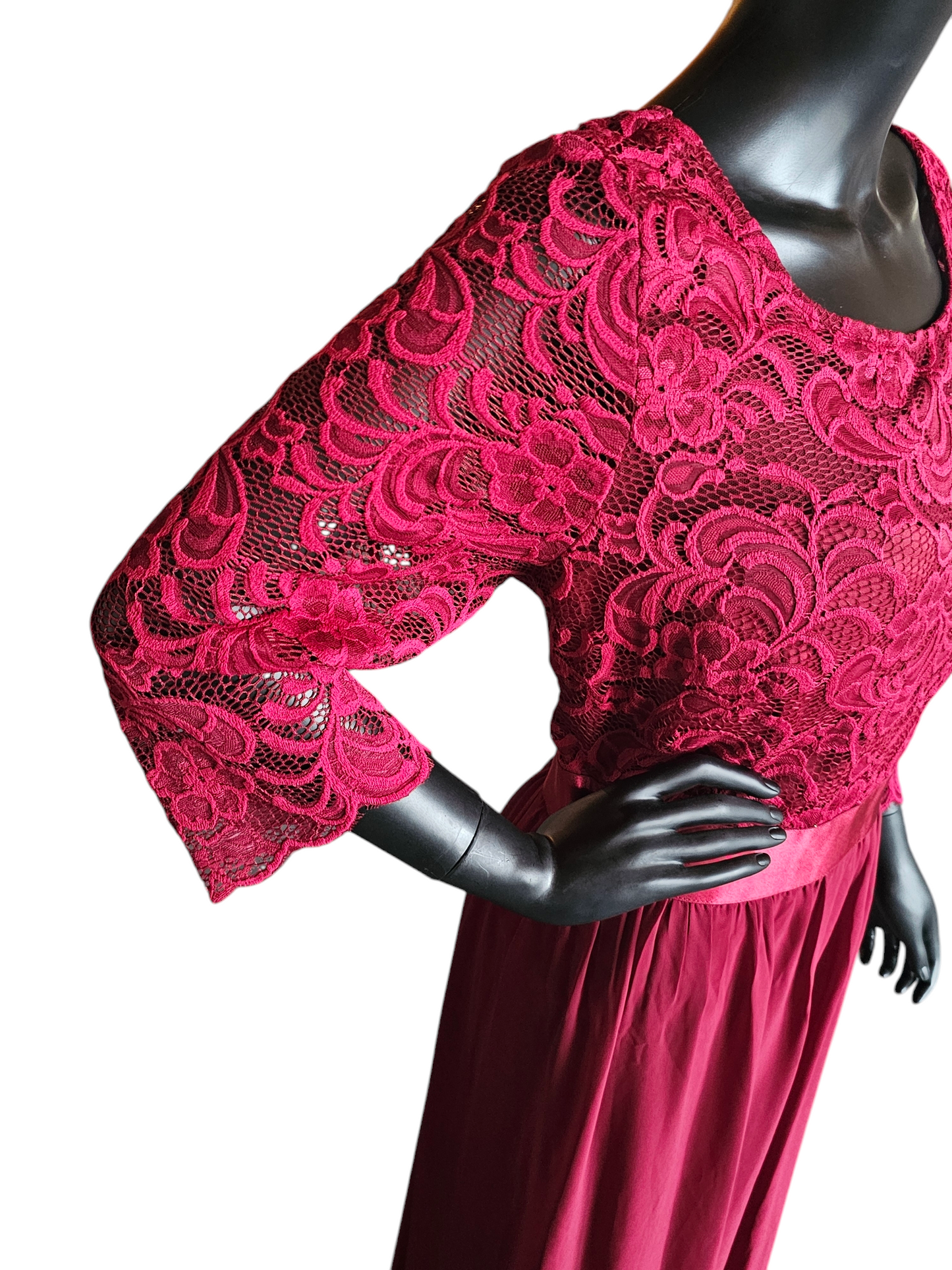 Red Illusion Lace Top Chiffon Maxi Dress - Ever Pretty