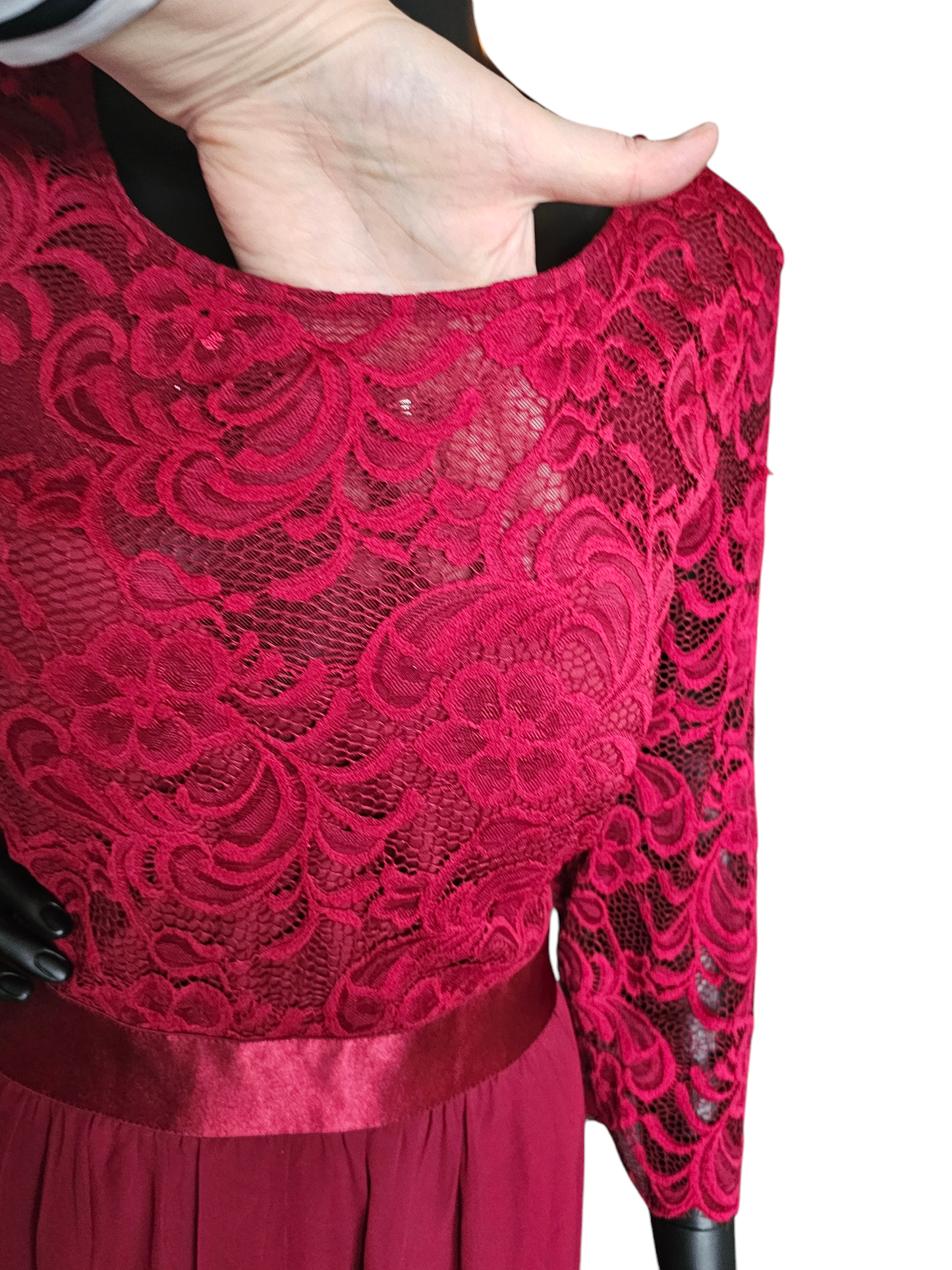 Red Illusion Lace Top Chiffon Maxi Dress - Ever Pretty