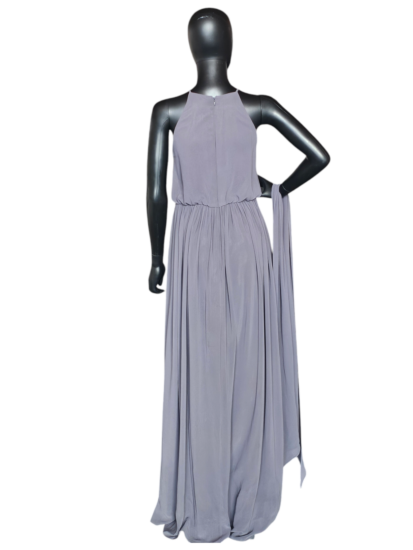 Grey Chiffon Gathered Waist Halter Formal Gown - Donna Morgan