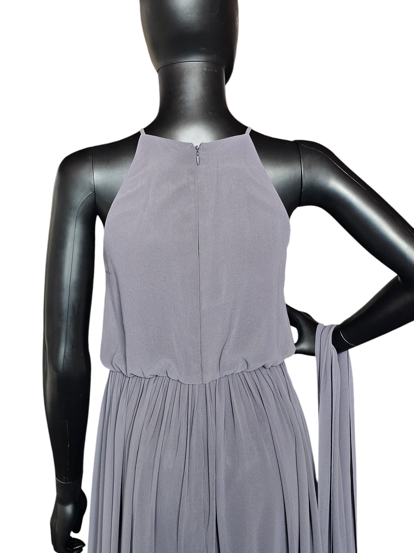 Grey Chiffon Gathered Waist Halter Formal Gown - Donna Morgan