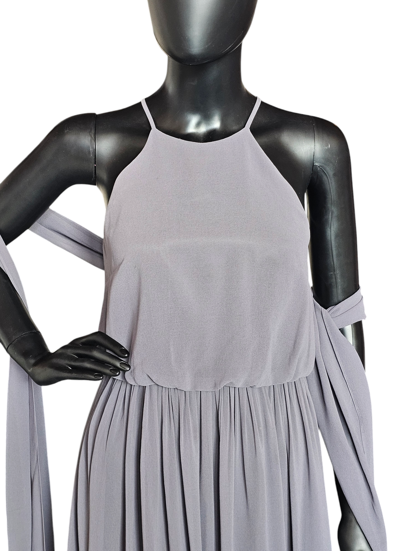 Grey Chiffon Gathered Waist Halter Formal Gown - Donna Morgan