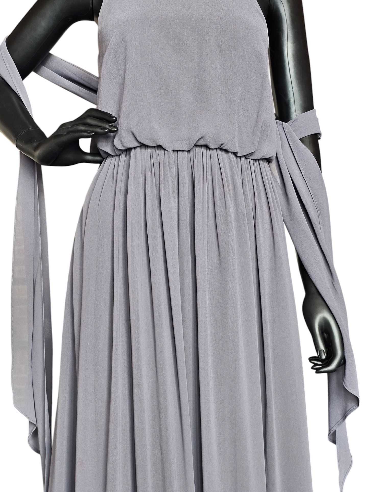 Grey Chiffon Gathered Waist Halter Formal Gown - Donna Morgan