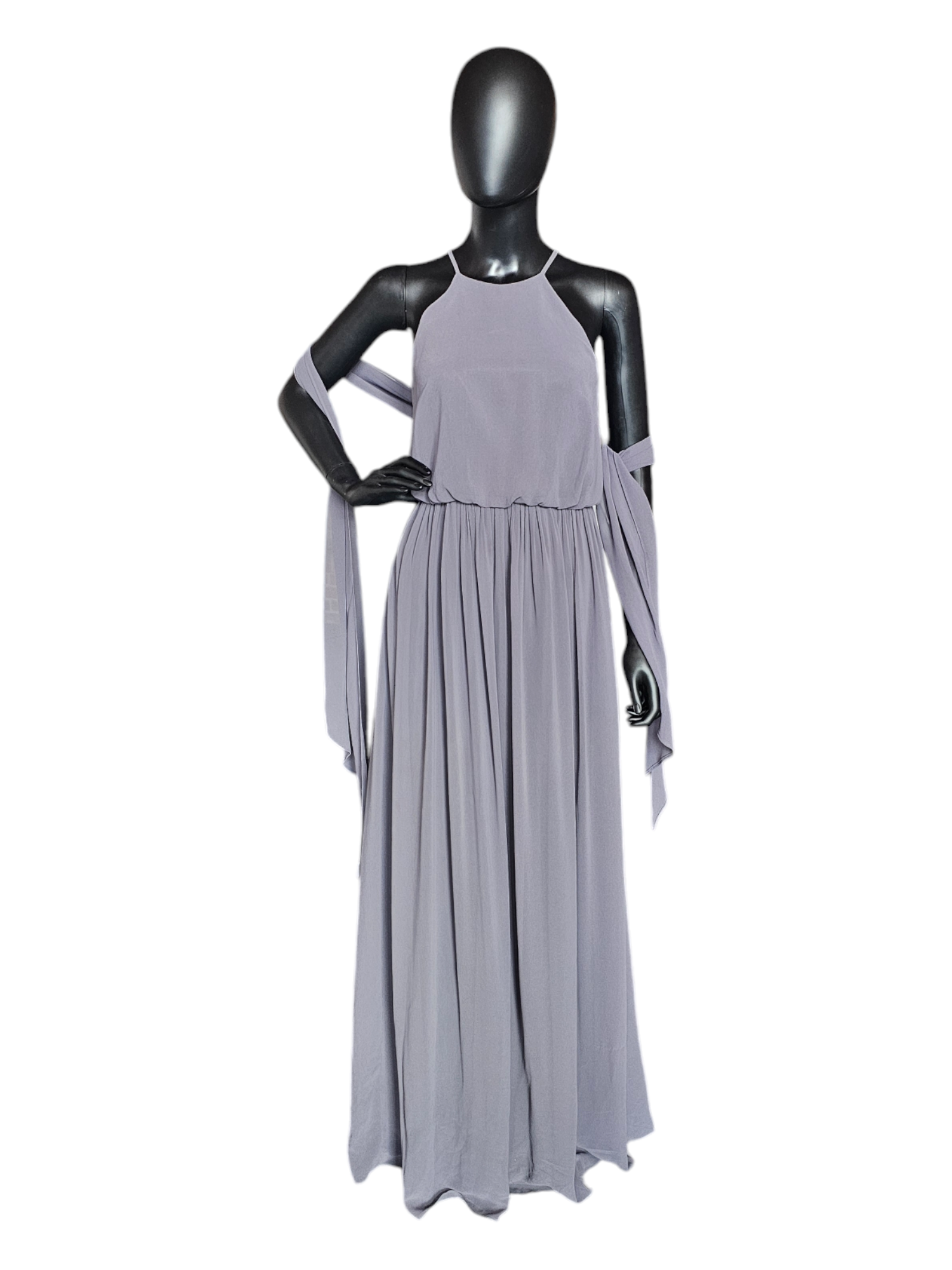 Grey Chiffon Gathered Waist Halter Formal Gown