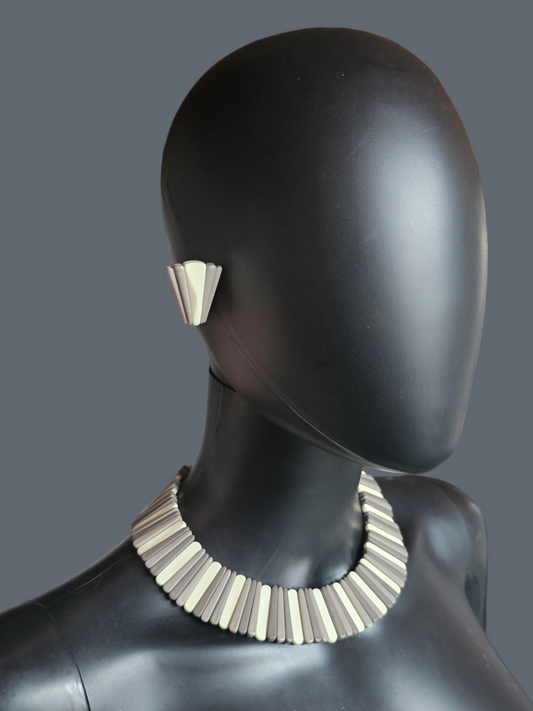 Vintage 70's Tri-Color Tribal Bead Collar Necklace + Clip on Earring