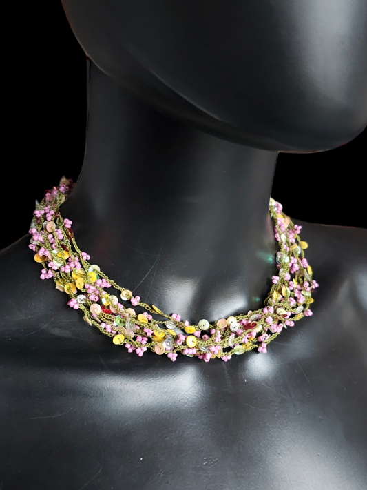 Crochet Bead Pink/Green/Yellow Necklace