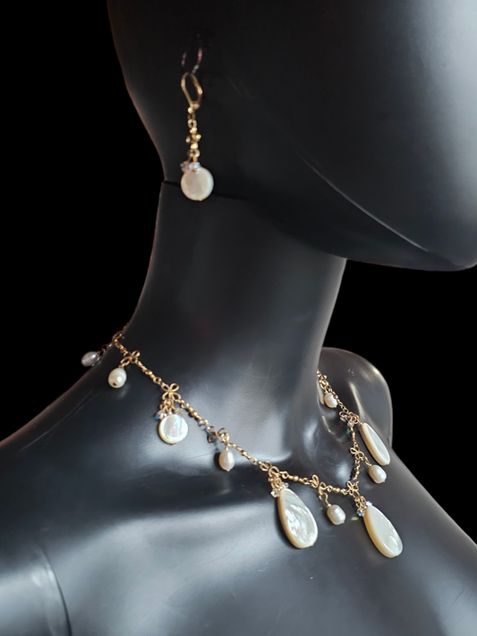 Gold Filigree Freshwater Pearl/Mother of Pearl Necklace/Earring Set