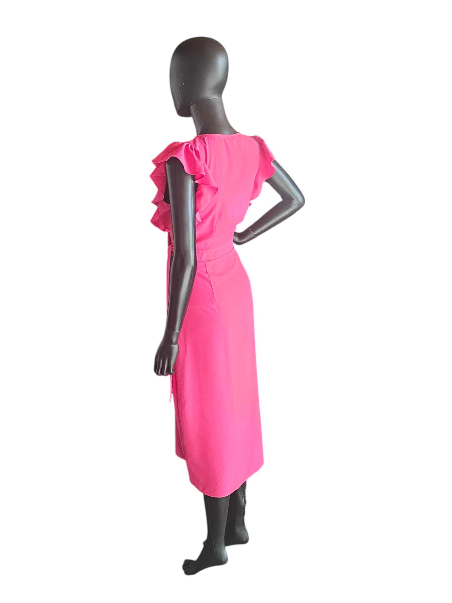 Hot Pink Flutter Sleeve Wrap Mid-Calf Dress - Who What Wear