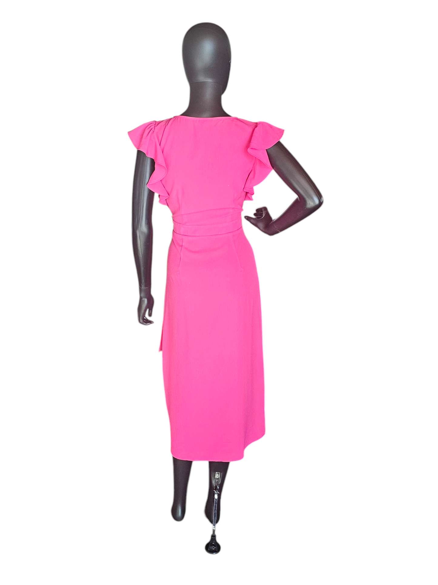 Hot Pink Flutter Sleeve Wrap Mid-Calf Dress - Who What Wear