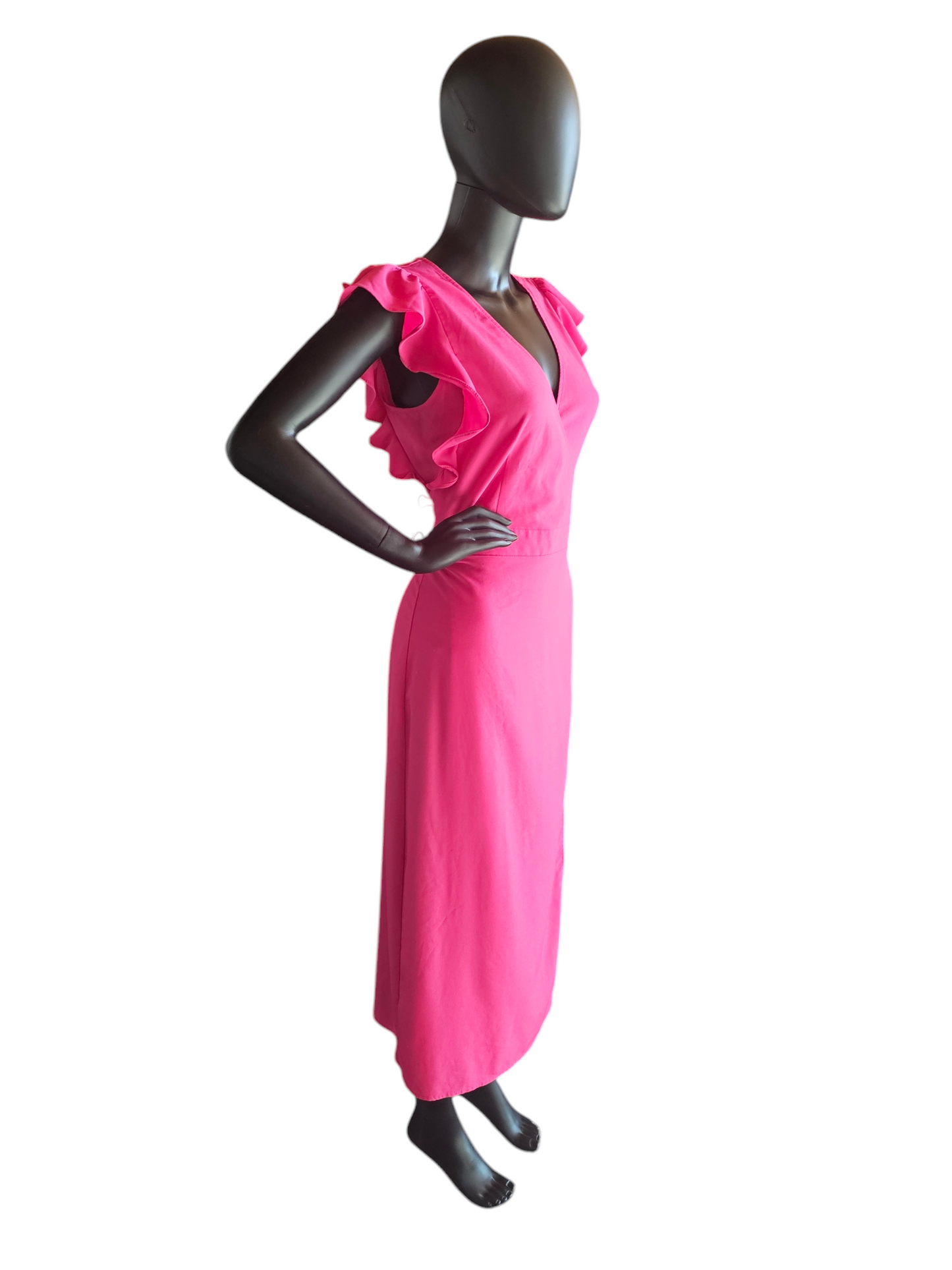 Hot Pink Flutter Sleeve Wrap Mid-Calf Dress - Who What Wear