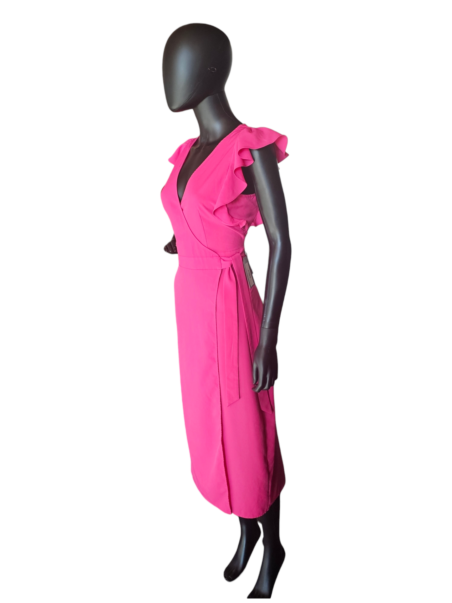 Hot Pink Flutter Sleeve Wrap Mid-Calf Dress - Who What Wear