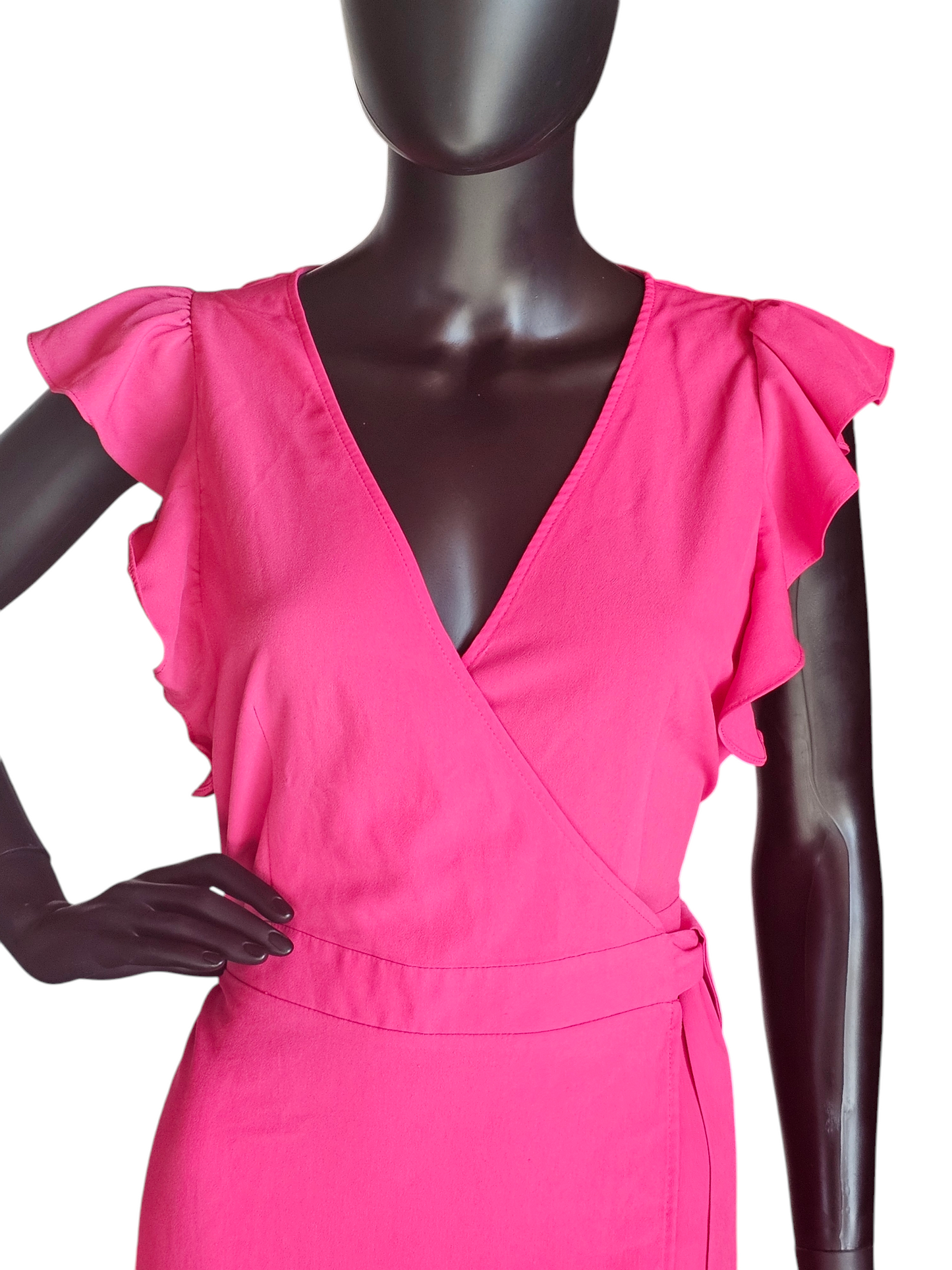 Hot Pink Flutter Sleeve Wrap Mid-Calf Dress - Who What Wear