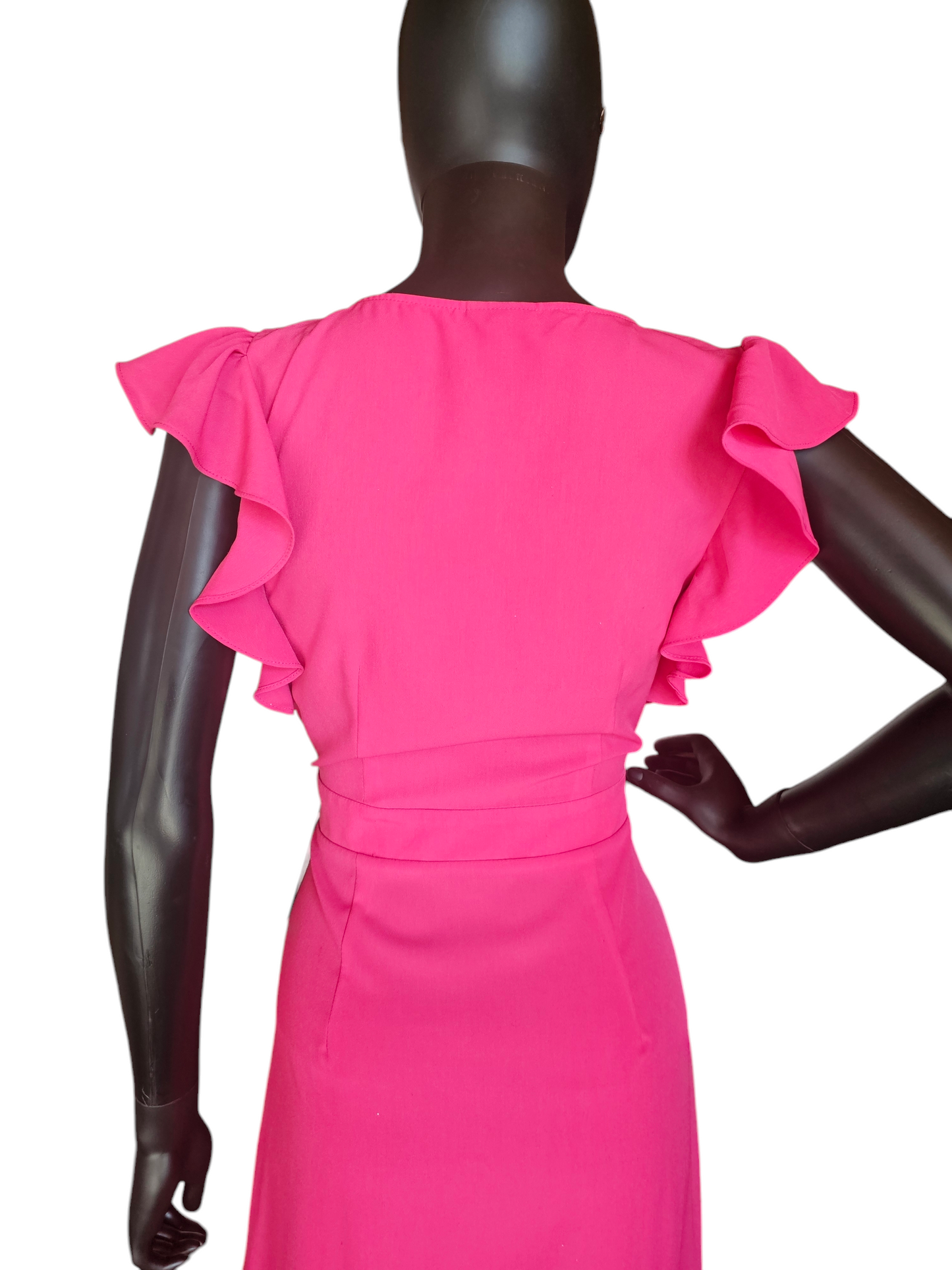 Hot Pink Flutter Sleeve Wrap Mid-Calf Dress - Who What Wear
