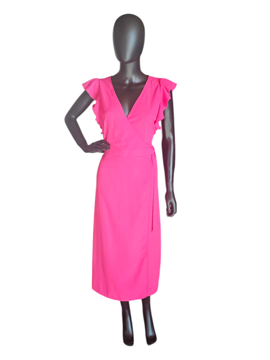 Hot Pink Flutter Sleeve Wrap Mid-Calf Dress - Who What Wear