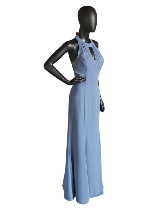 Bari Jay Steel Blue Chiffon Halter Maxi Formal Gown