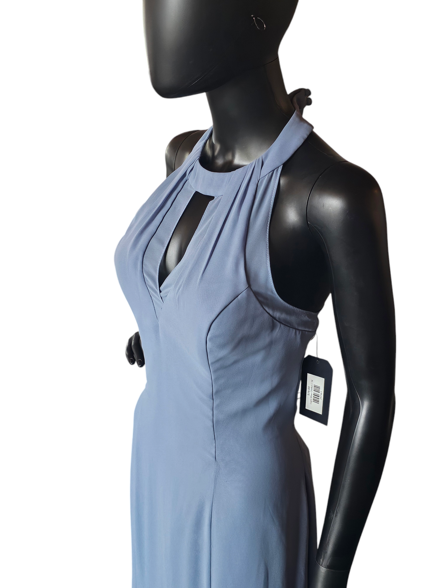 Bari Jay Steel Blue Chiffon Halter Maxi Formal Gown