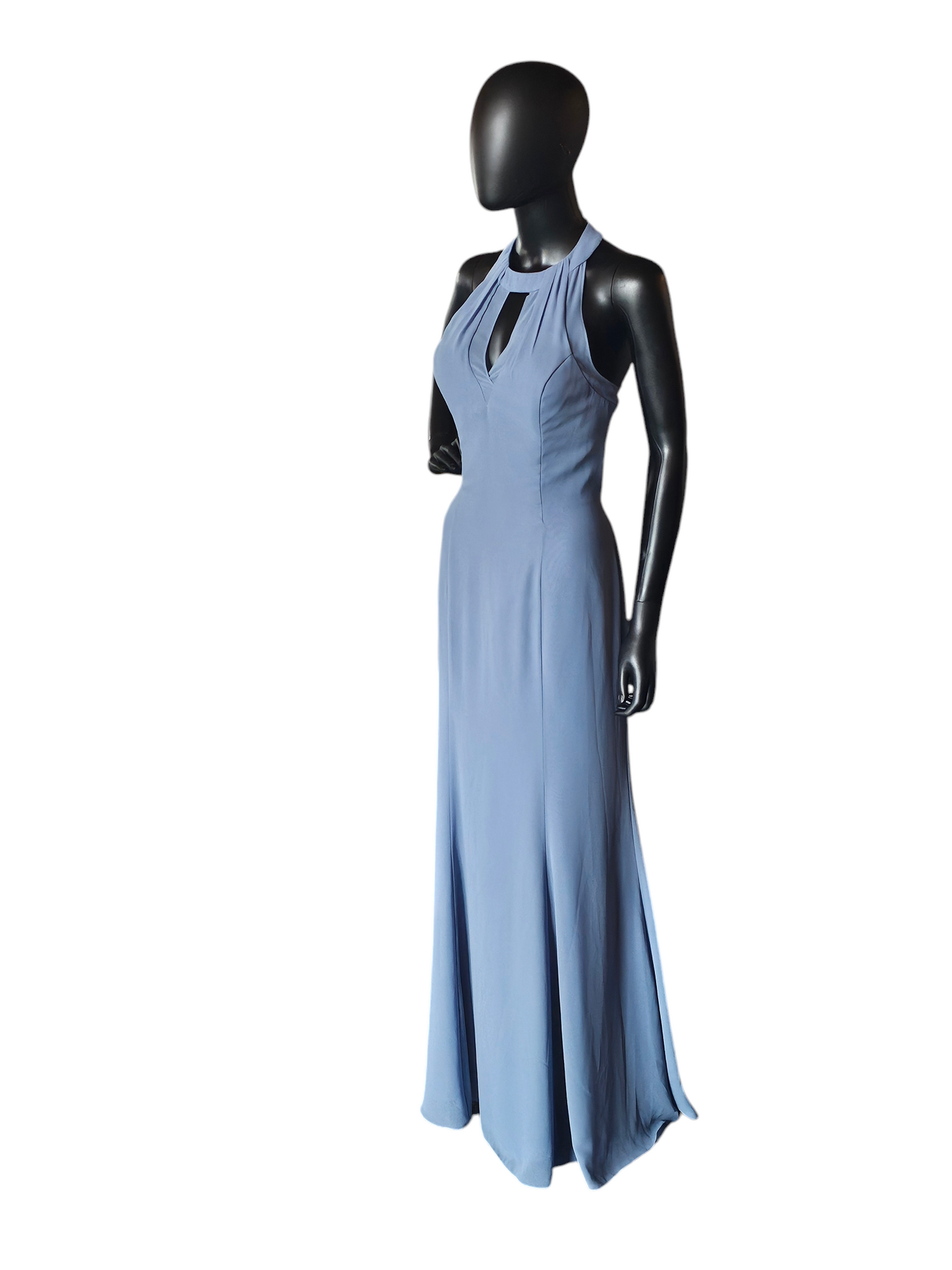 Bari Jay Steel Blue Chiffon Halter Maxi Formal Gown
