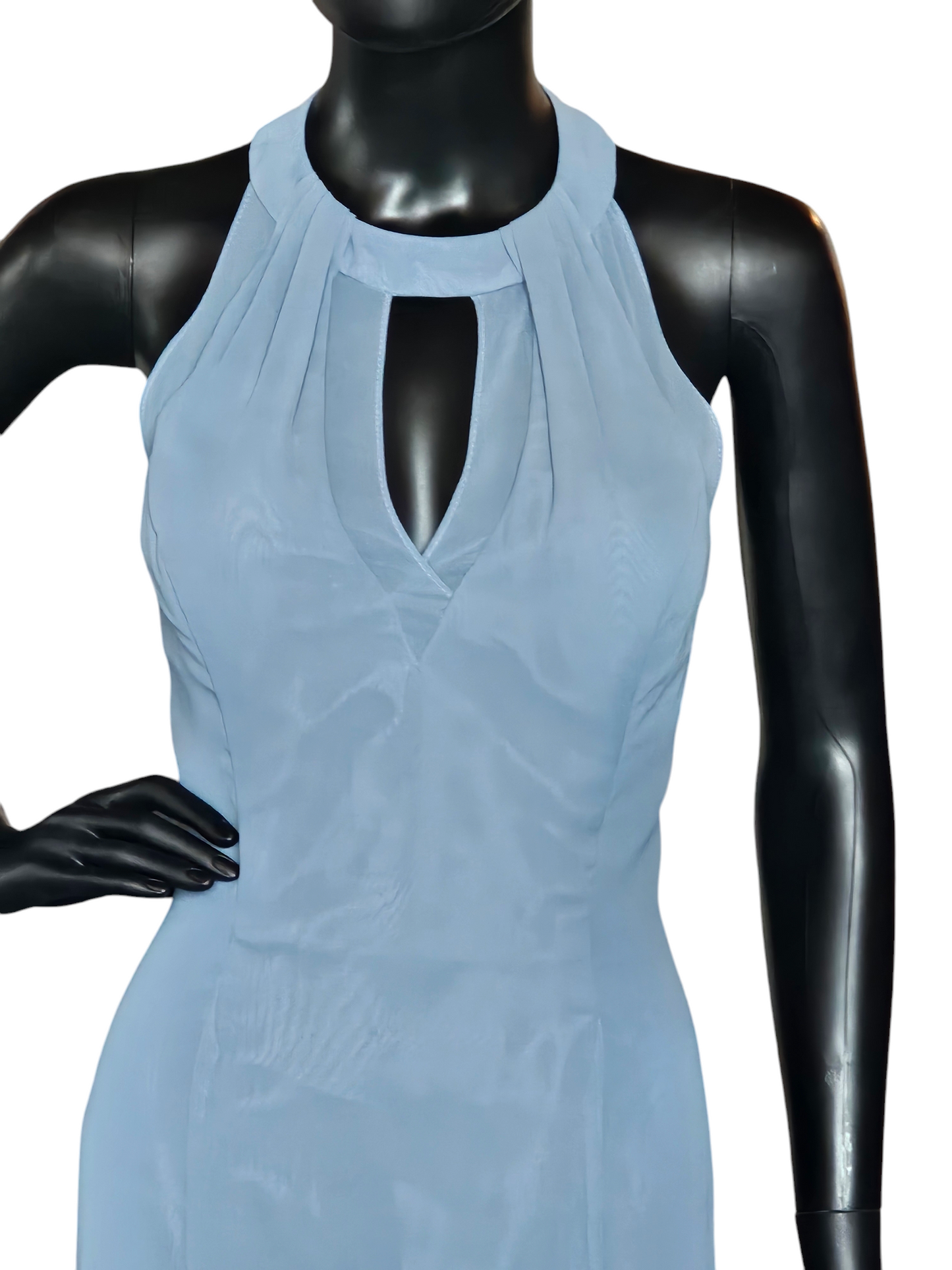 Bari Jay Steel Blue Chiffon Halter Maxi Formal Gown