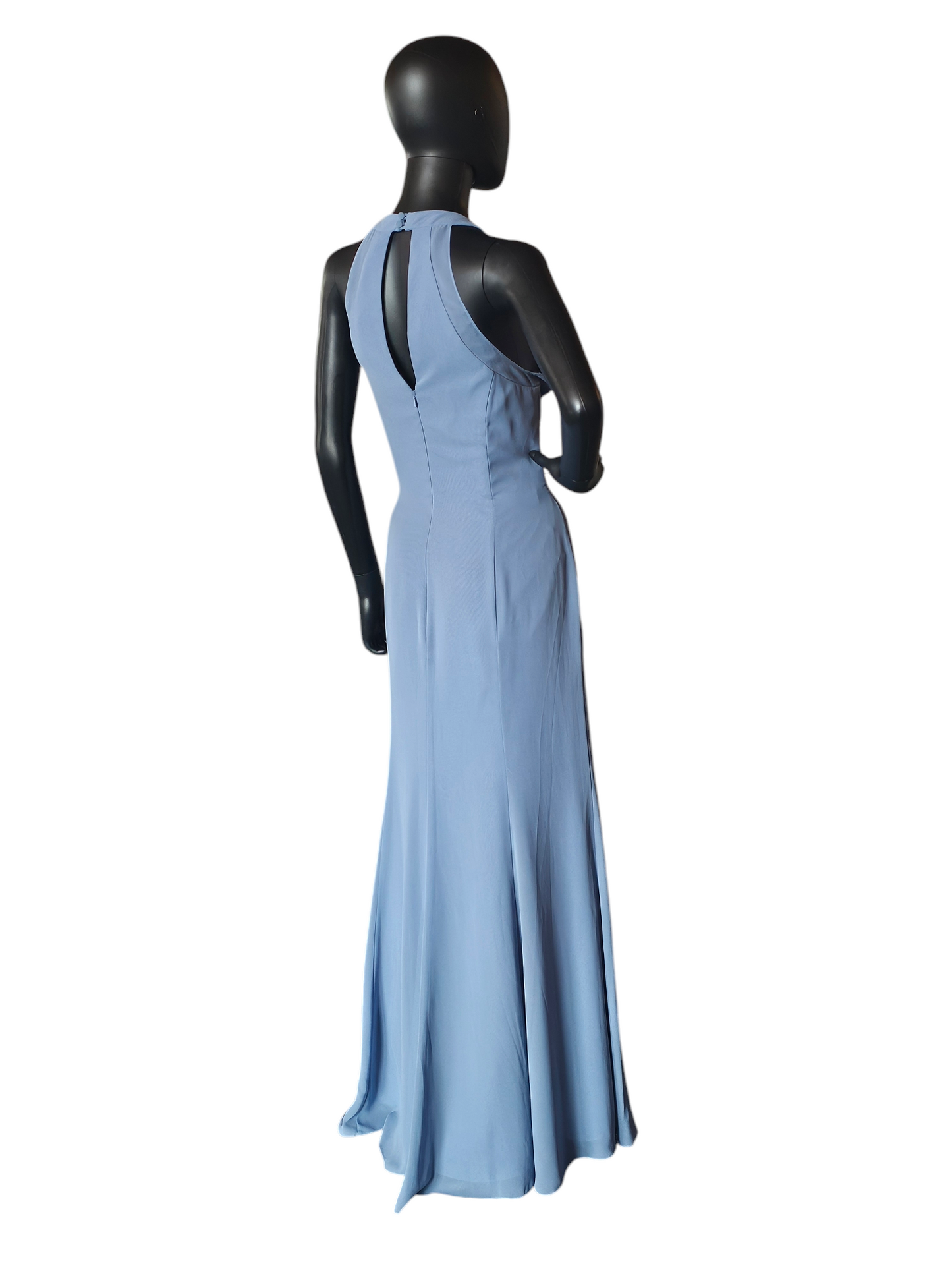 Bari Jay Steel Blue Chiffon Halter Maxi Formal Gown