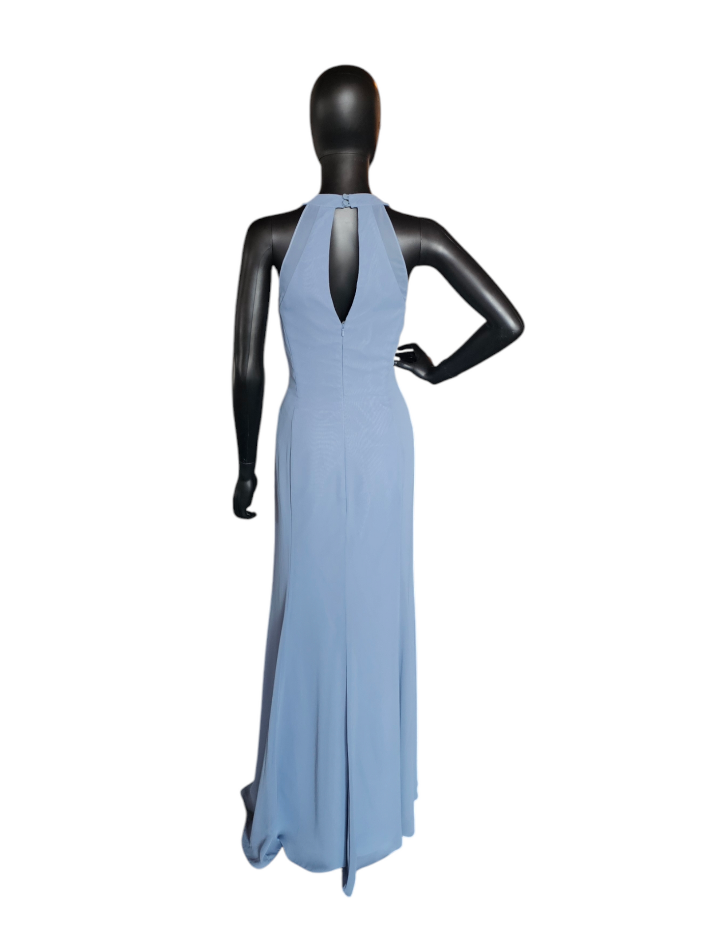 Bari Jay Steel Blue Chiffon Halter Maxi Formal Gown