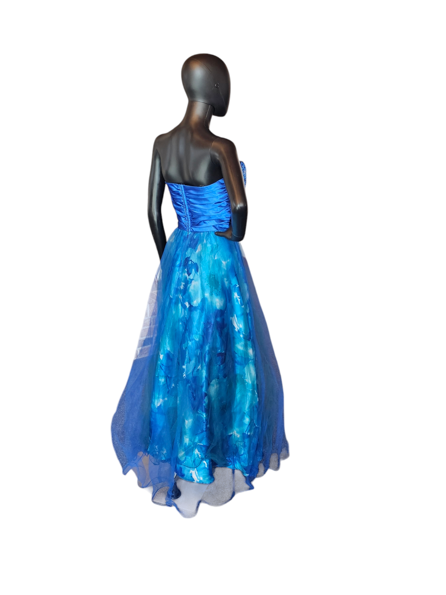 Blue Floral Tulle Overlay Formal Dress - Vintage Deb