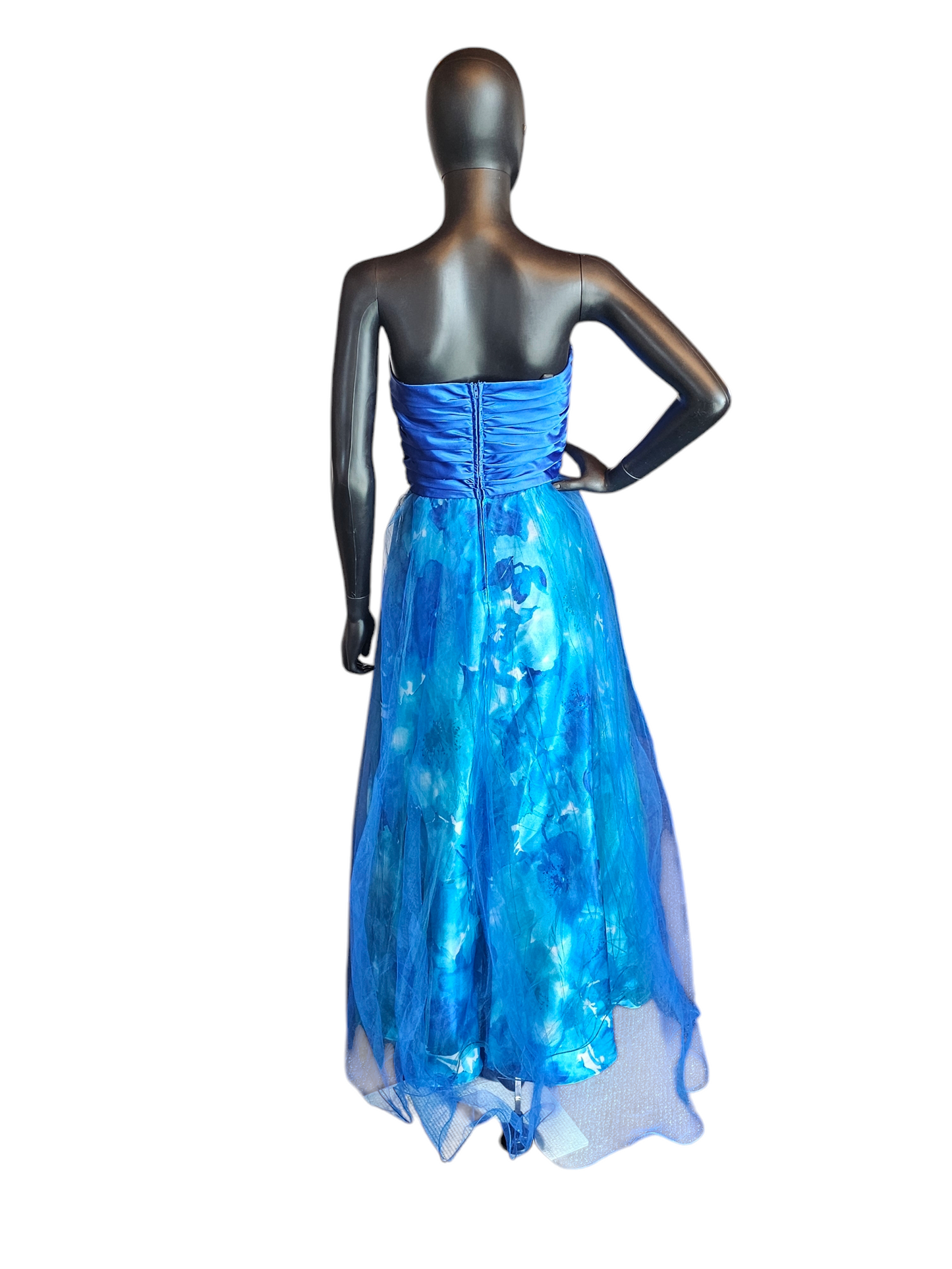 Blue Floral Tulle Overlay Formal Dress - Vintage Deb