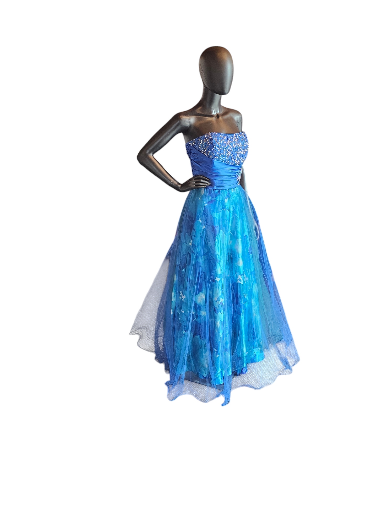 Blue Floral Tulle Overlay Formal Dress - Vintage Deb