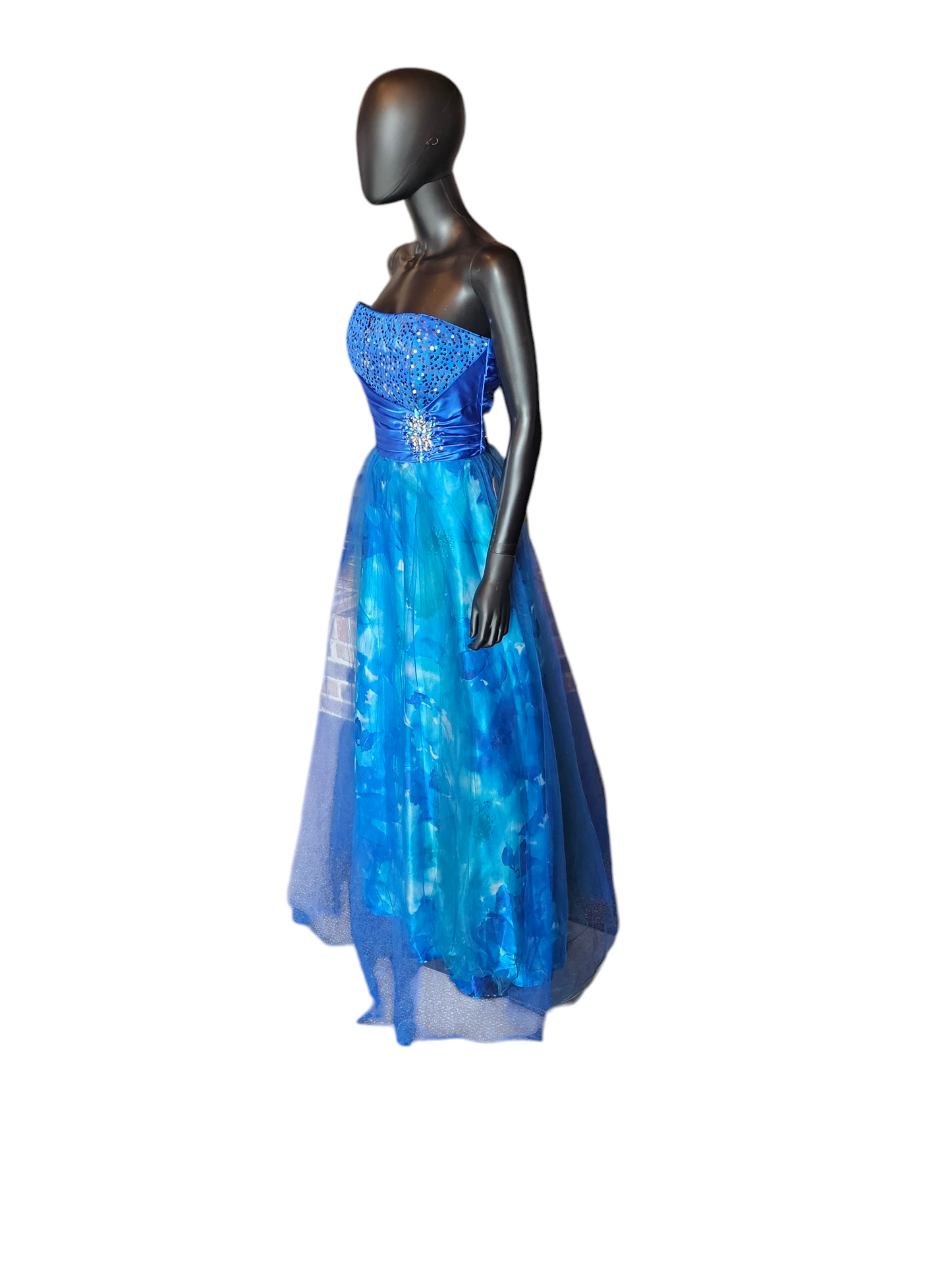 Blue Floral Tulle Overlay Formal Dress - Vintage Deb