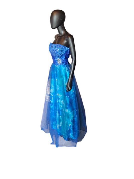 Blue Floral Tulle Overlay Formal Dress - Vintage Deb