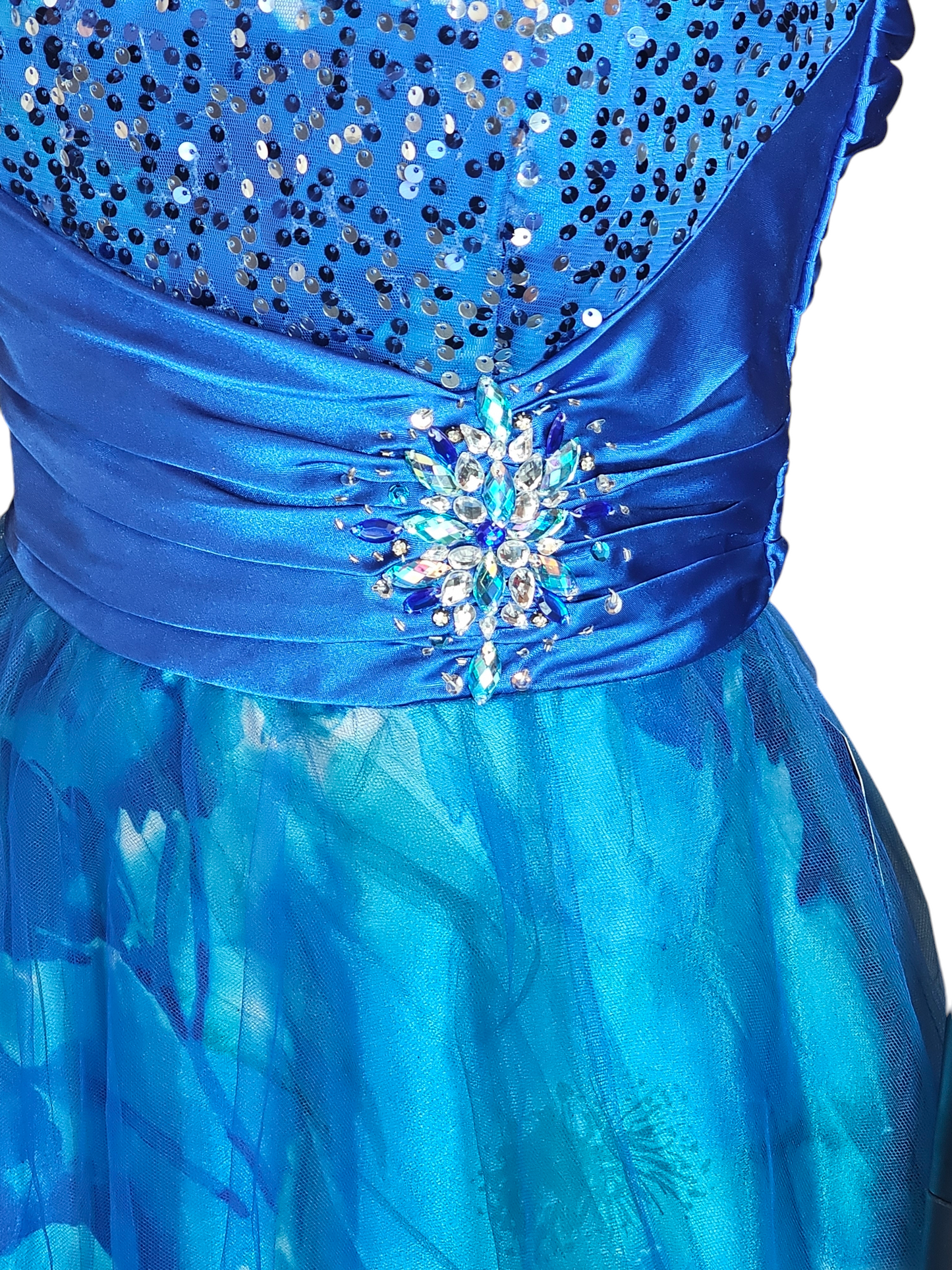 Blue Floral Tulle Overlay Formal Dress - Vintage Deb