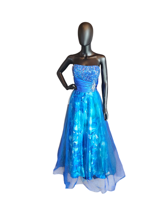 Blue Floral Tulle Overlay Formal Dress - Vintage Deb