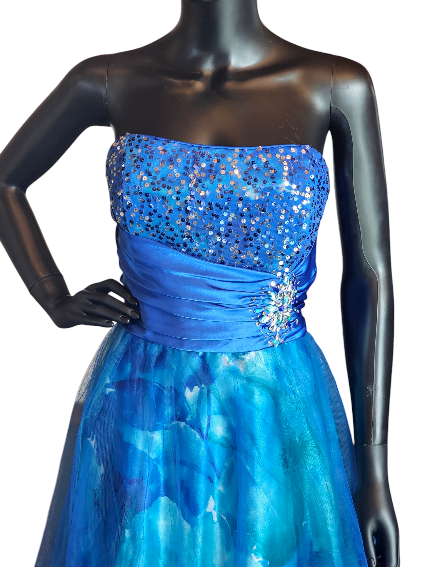 Blue Floral Tulle Overlay Formal Dress - Vintage Deb