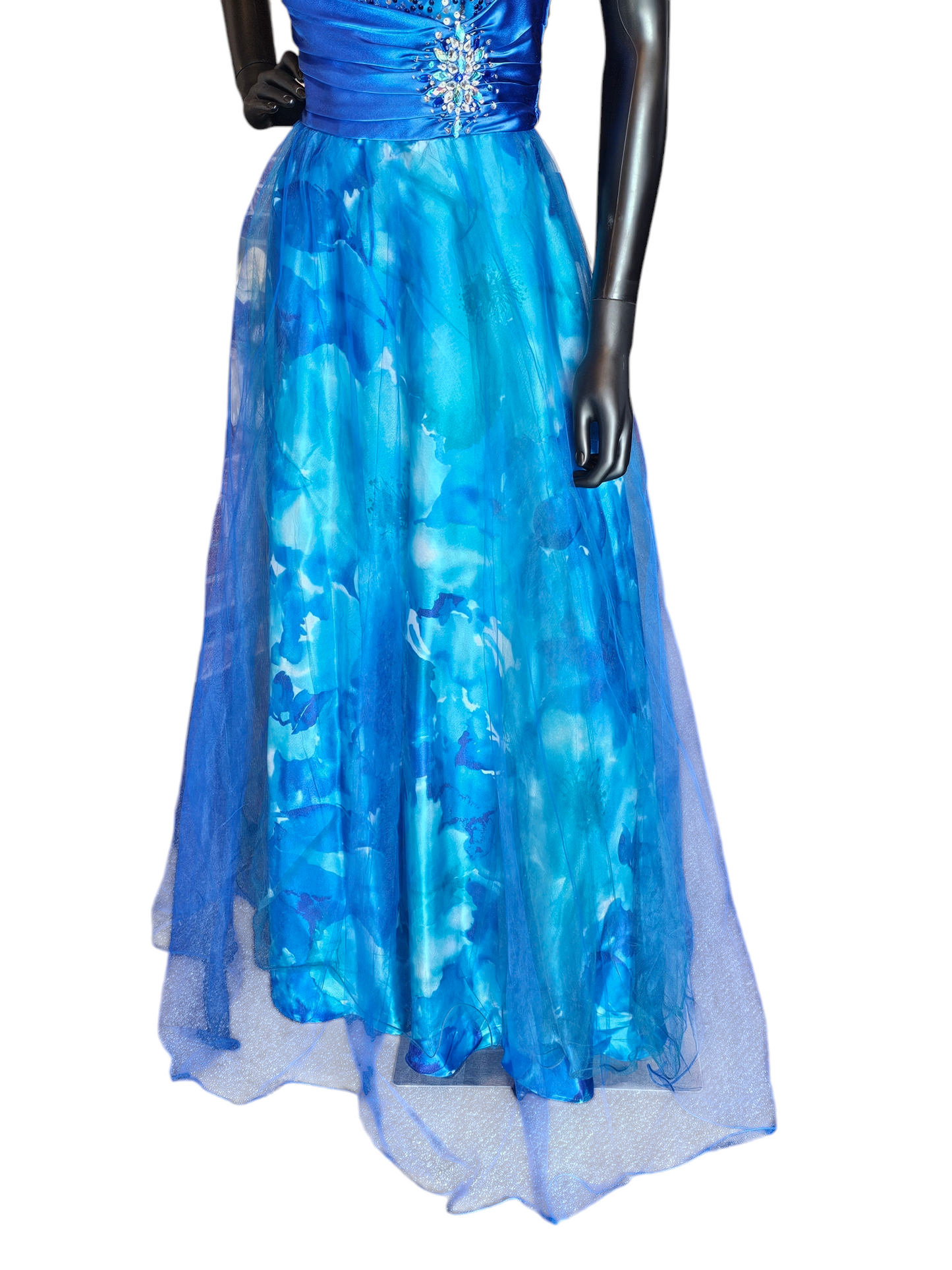 Blue Floral Tulle Overlay Formal Dress - Vintage Deb